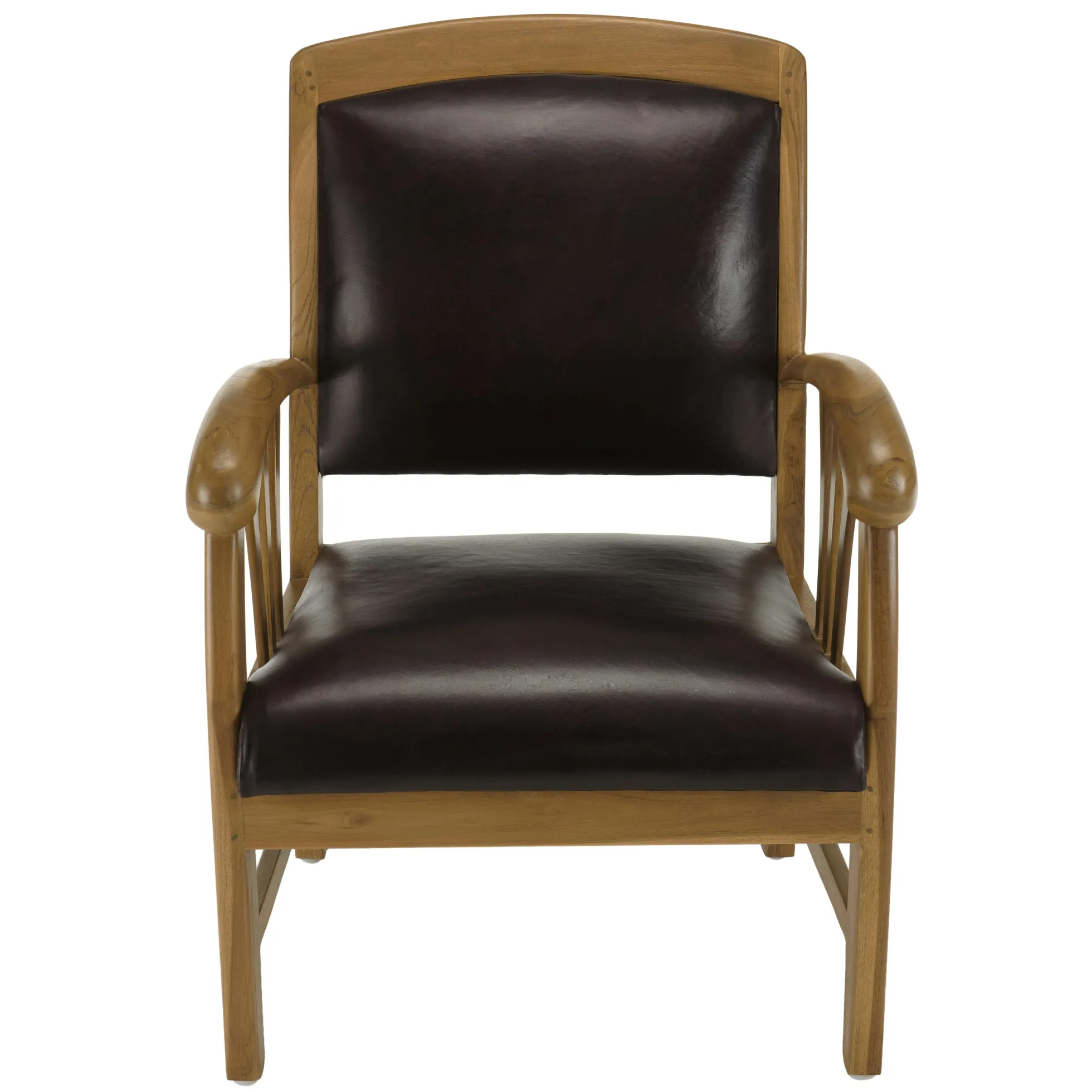 Fauteuil colonial teck assise cuir brun DIKA