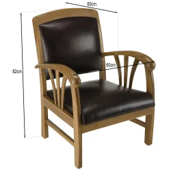 Fauteuil colonial teck assise cuir brun DIKA