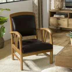 Fauteuil colonial teck assise cuir brun DIKA