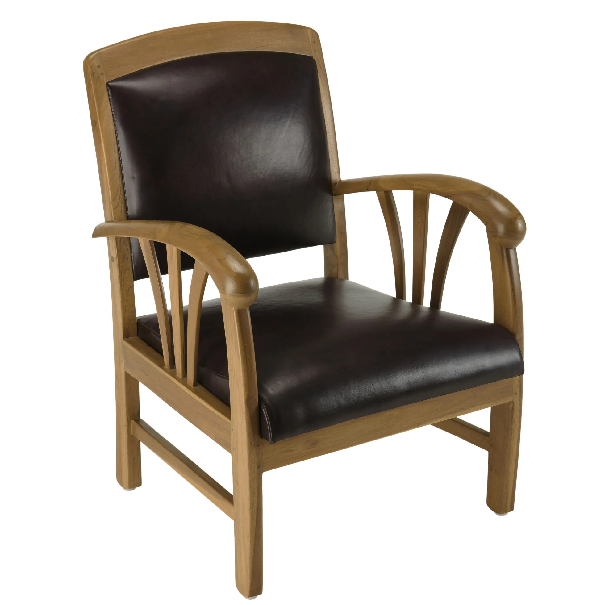 Fauteuil colonial teck assise cuir brun DIKA