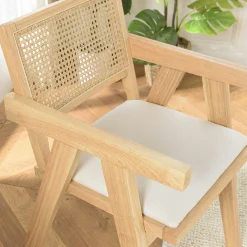 Fauteuil contemporain bois clair tissu blanc et cannage TIM