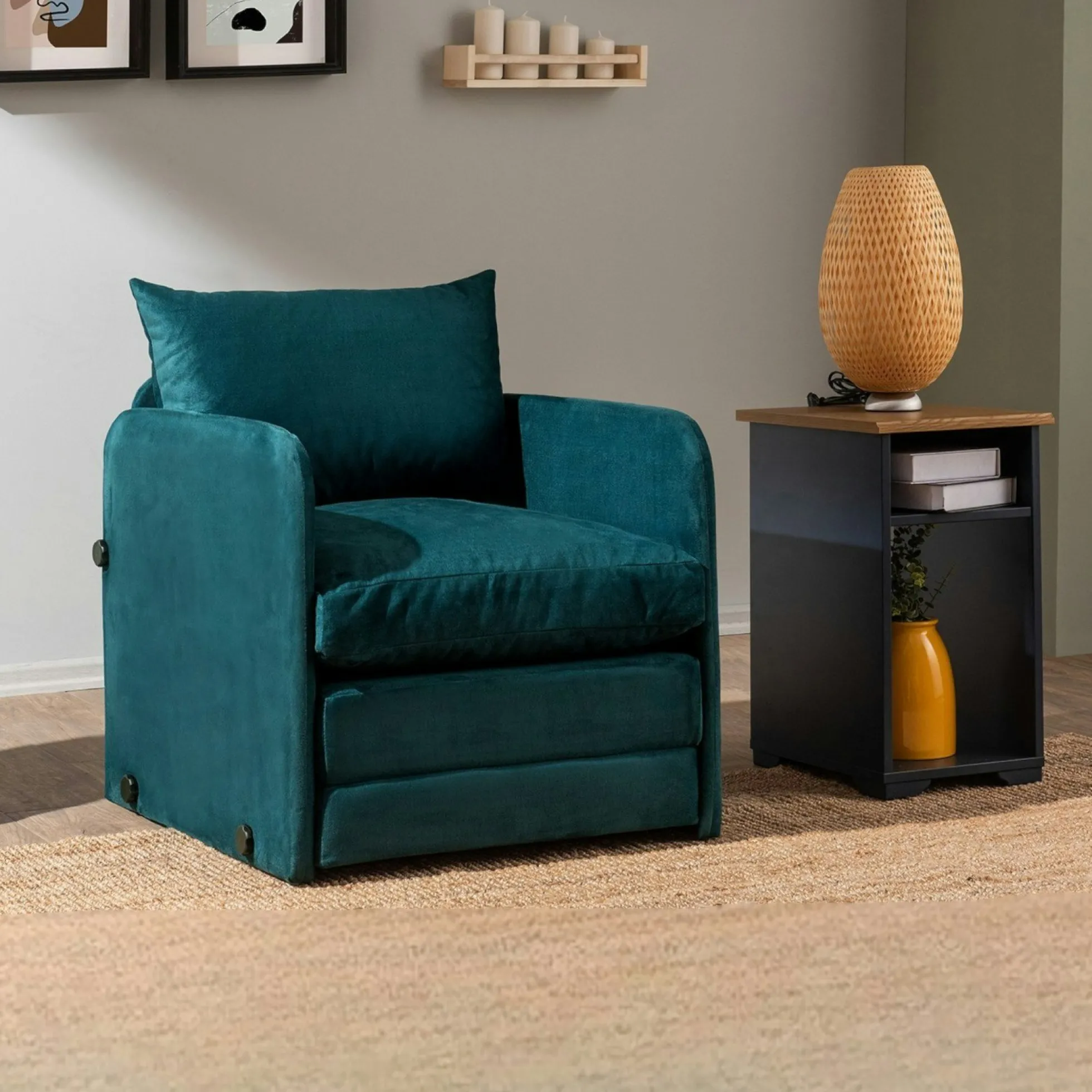 Fauteuil convertible velours bleu lagon couchage 200 cm ORURO