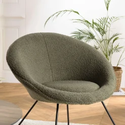 Fauteuil cosy rond tissu bouclette vert kaki TIM