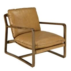 Fauteuil cuir beige et bois dos incliné PRESTON
