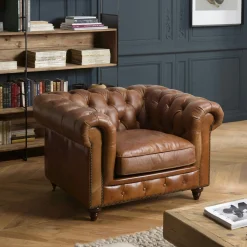 Fauteuil cuir brun Chesterfield 2 roulettes PRESTON