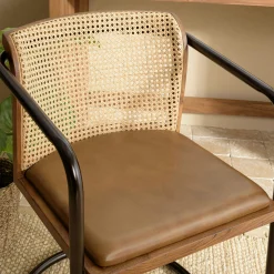 Fauteuil cuir et rotin havane pied luge arrondi (lot de 2) TIM
