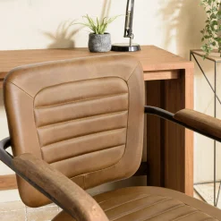 Fauteuil de bureau à roulettes cuir havane et bois TIM