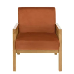 Fauteuil de chambre en cannage et velours rouille TIM