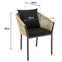 Fauteuil de jardin cordage couleur naturelle 2 coussins noirs (lot de 6) GIJON