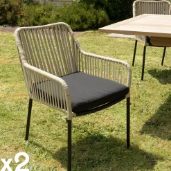 Fauteuil de jardin cordage couleur naturelle 1 coussin noir (lot de 2) GIJON