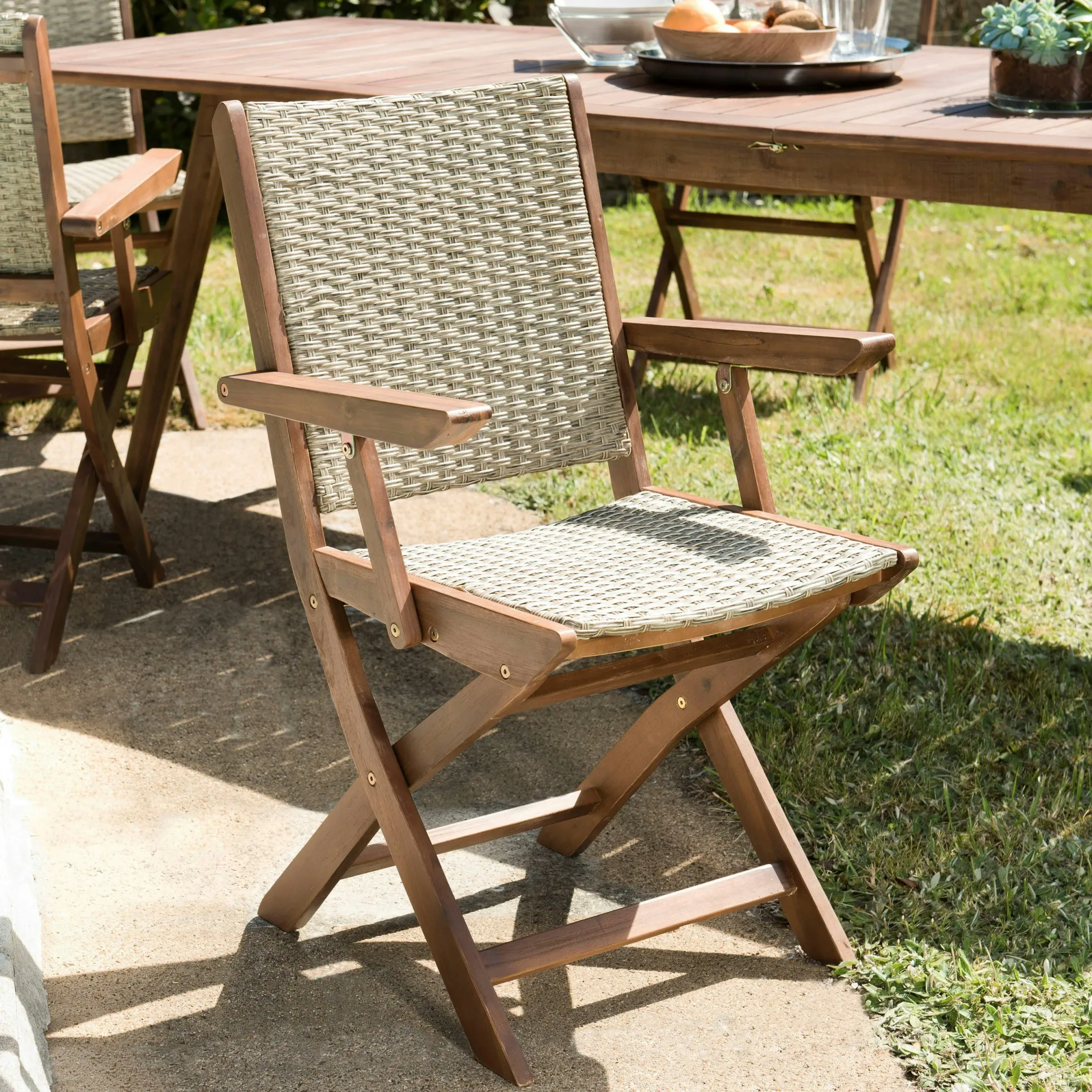 Fauteuil de jardin pliant acacia rotin synthétique BAHIA (lot de 2)