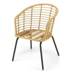 Fauteuil de jardin rotin synthétique ajouré couleur naturelle avec coussin noir (lot de 2) GIJON