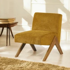 Fauteuil de salon bois et velours moutarde SOHO