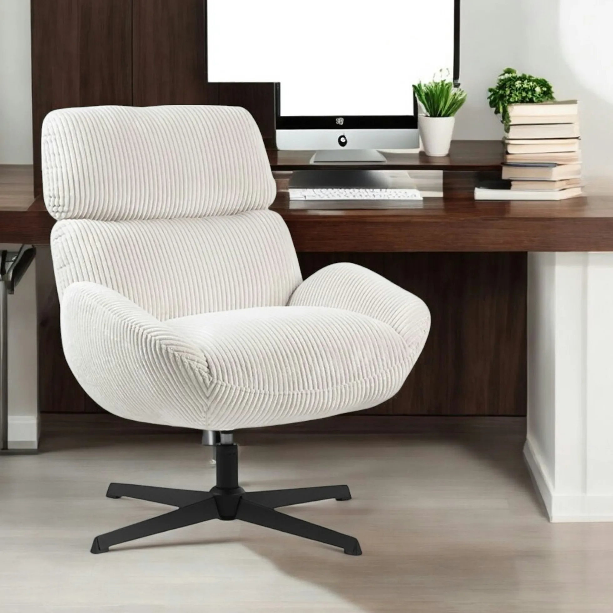 Fauteuil de salon rotatif tissu côtelé blanc IENA