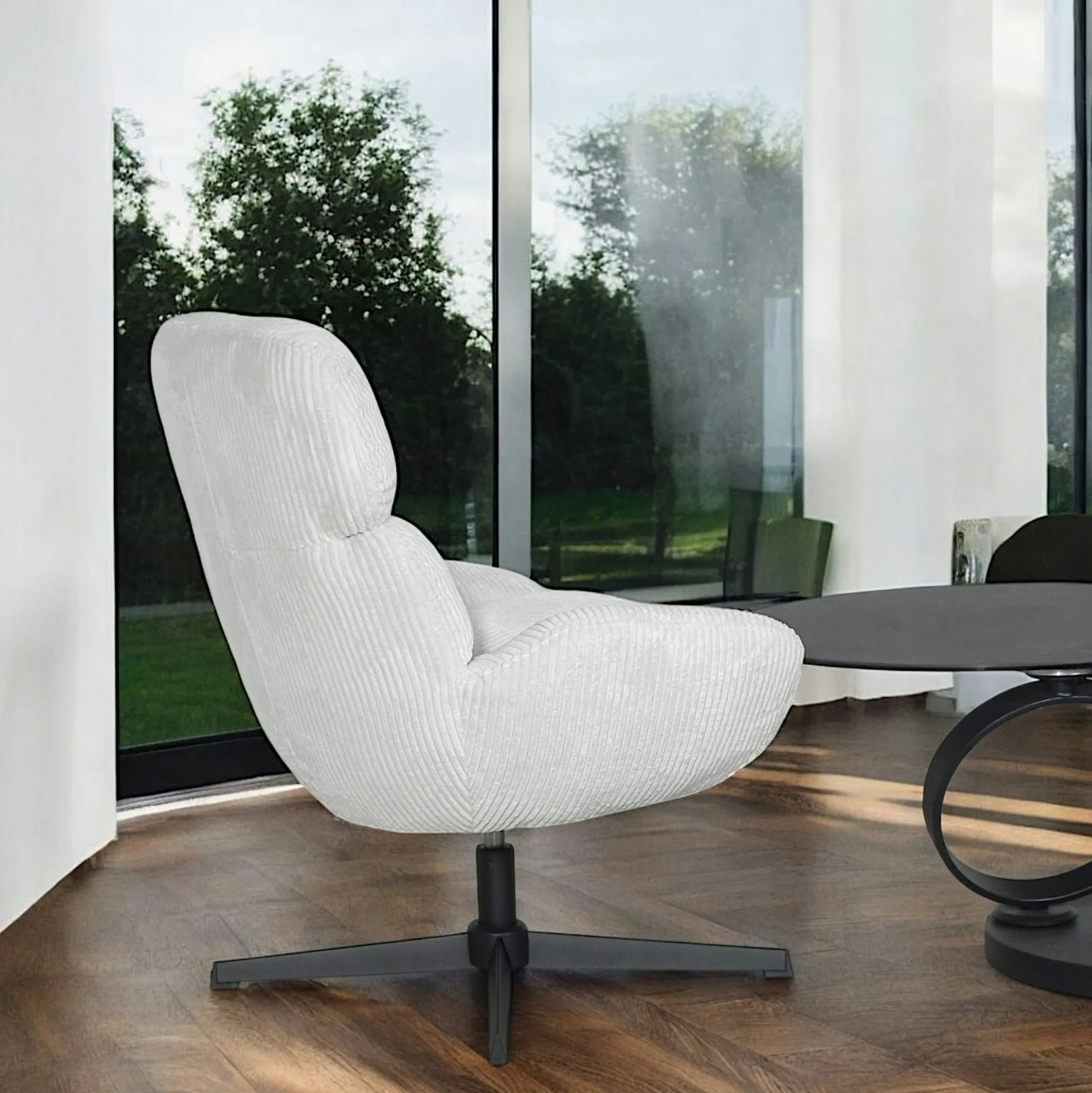 Fauteuil de salon rotatif tissu côtelé blanc IENA