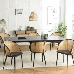 Fauteuil de table assise velours noir dossier cannage arrondi (lot de 2) LOANO
