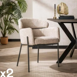 Fauteuil de table beige sable en bouclette dossier haut (lot de 2) GALWAY