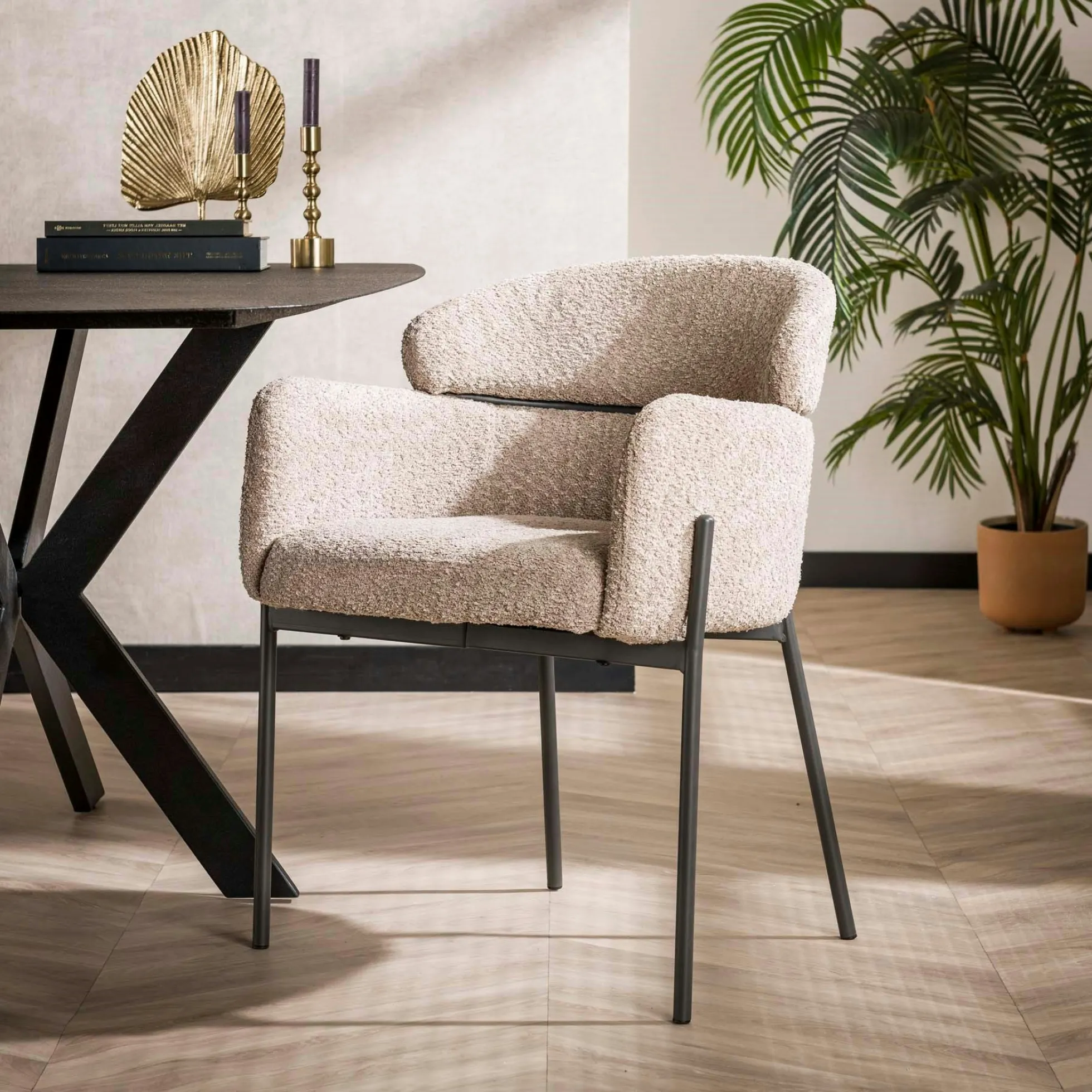 Fauteuil de table beige sable en bouclette dossier haut (lot de 2) GALWAY