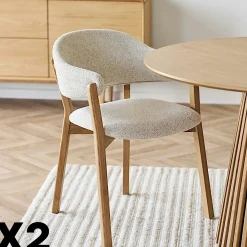 Fauteuil de table en bois et tissu beige (lot de 2) AMSTERDAM