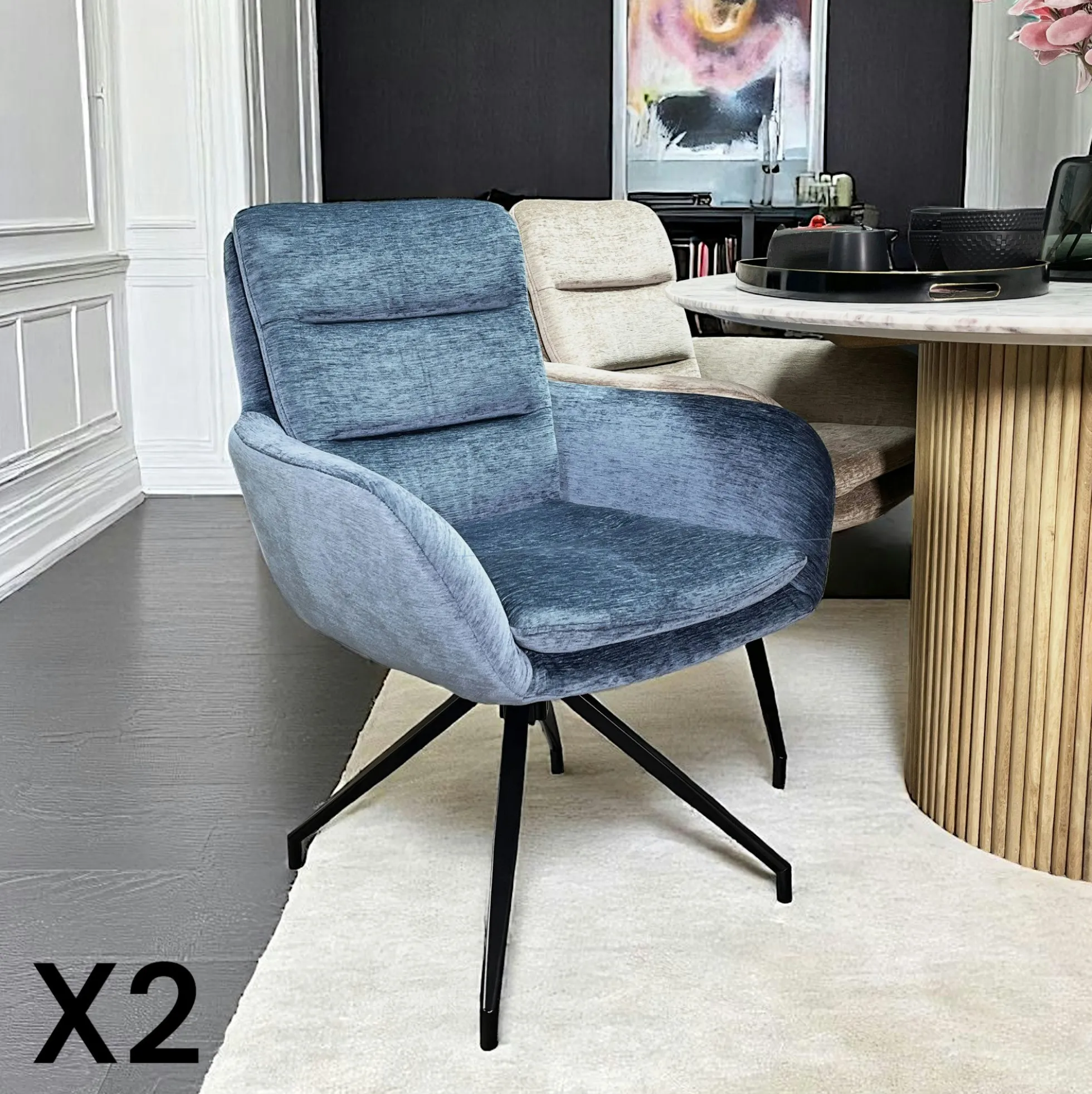 Fauteuil de table pivotant en velours bleu (lot de 2) PALERME