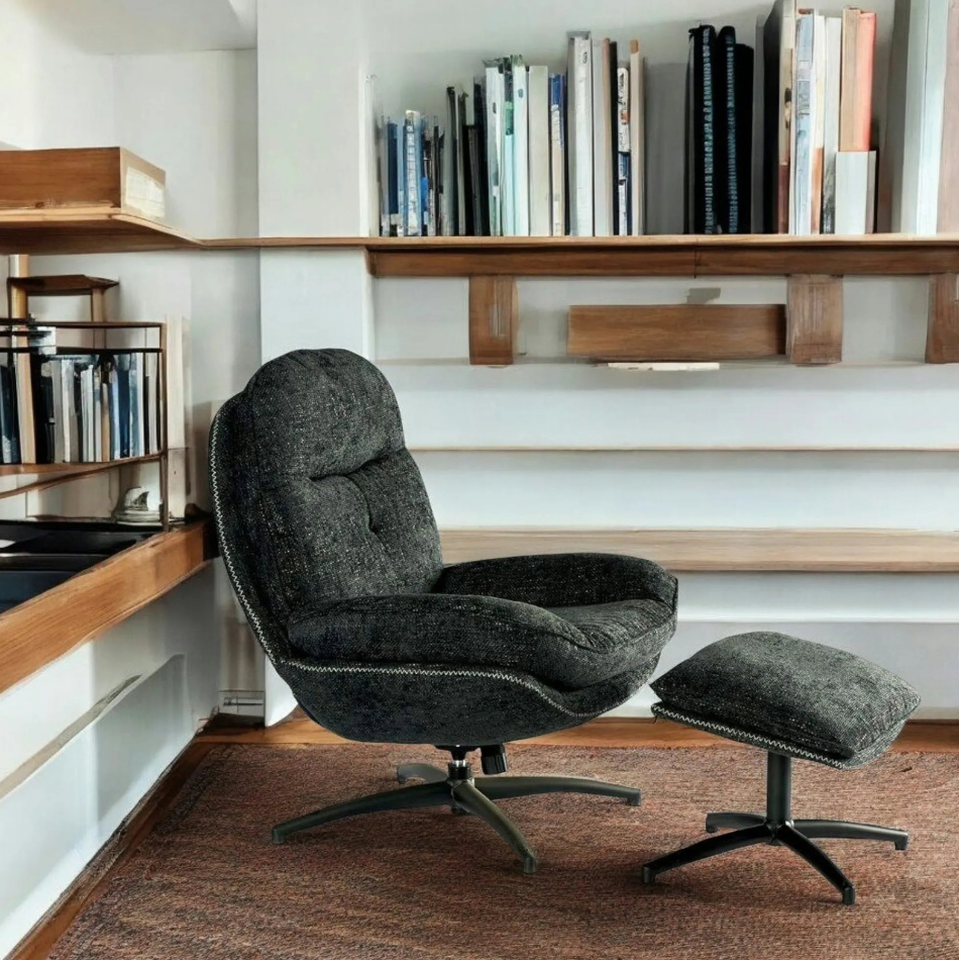 Fauteuil détente pivotant anthracite avec repose pieds IENA