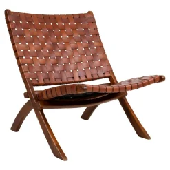 Fauteuil en cuir marron et bois de teck MENDOZA