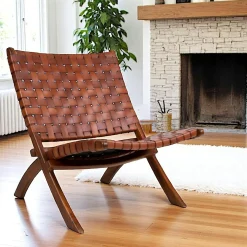 Fauteuil en cuir marron et bois de teck MENDOZA