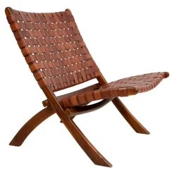Fauteuil en cuir marron et bois de teck MENDOZA