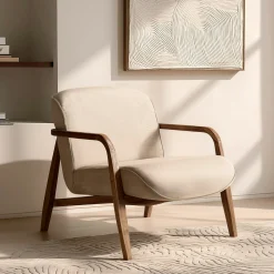 Fauteuil en tissu beige et bois de teck recyclé SWING