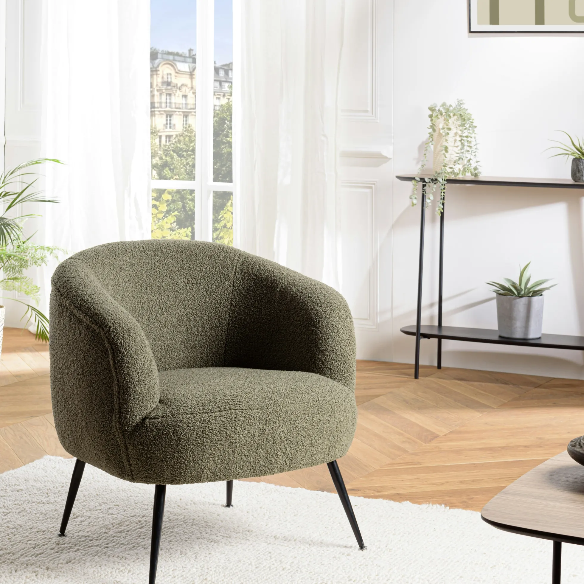 Fauteuil forme cabriolet tissu bouclette vert kaki TIM
