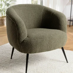 Fauteuil forme cabriolet tissu bouclette vert kaki TIM