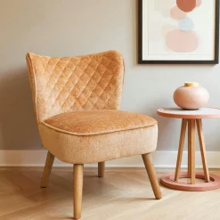 Fauteuil moutarde en tissu chenille - pieds bois IENA