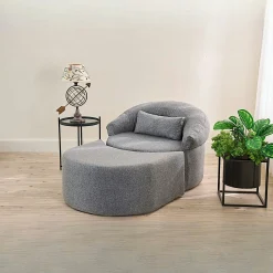 Fauteuil méridienne gris avec pouf demi-lune PATNA