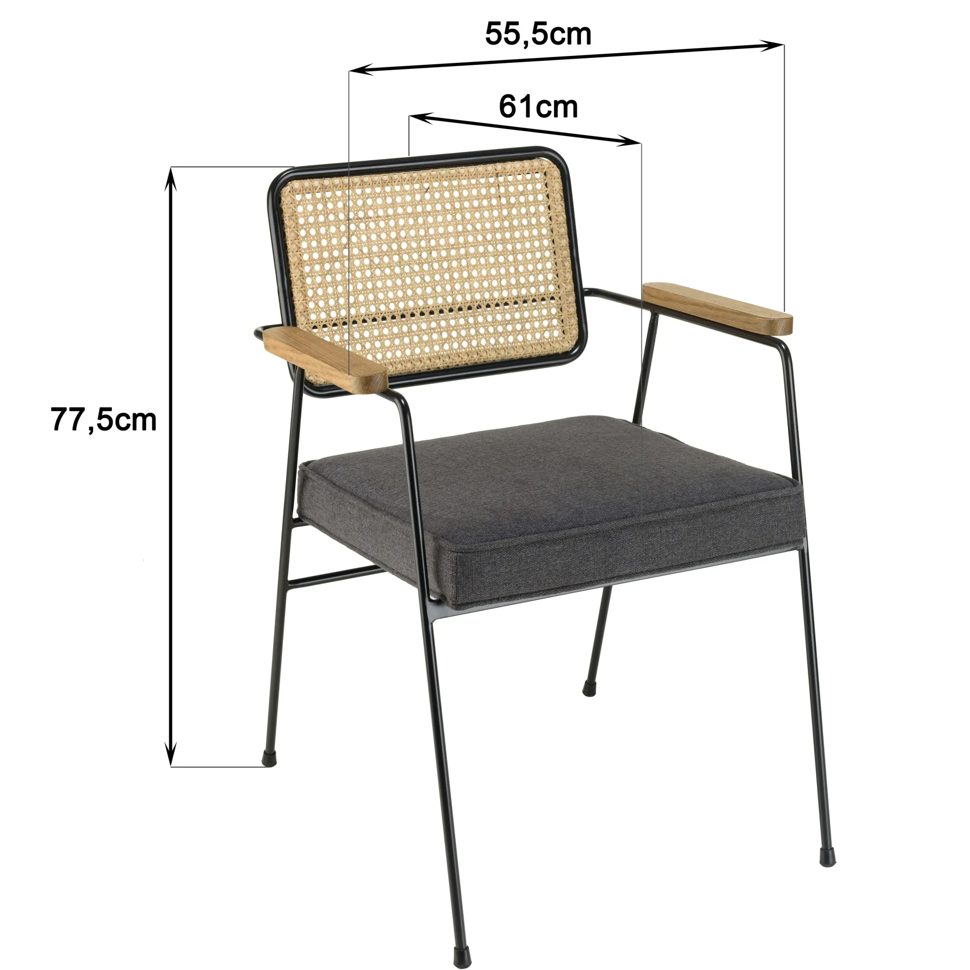 Fauteuil métal dossier rotin assise tissu anthracite TIM