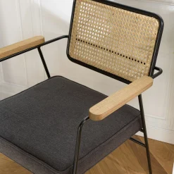 Fauteuil métal dossier rotin assise tissu anthracite TIM