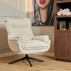 Fauteuil pivotant blanc crème en tissu bouclette BELORA