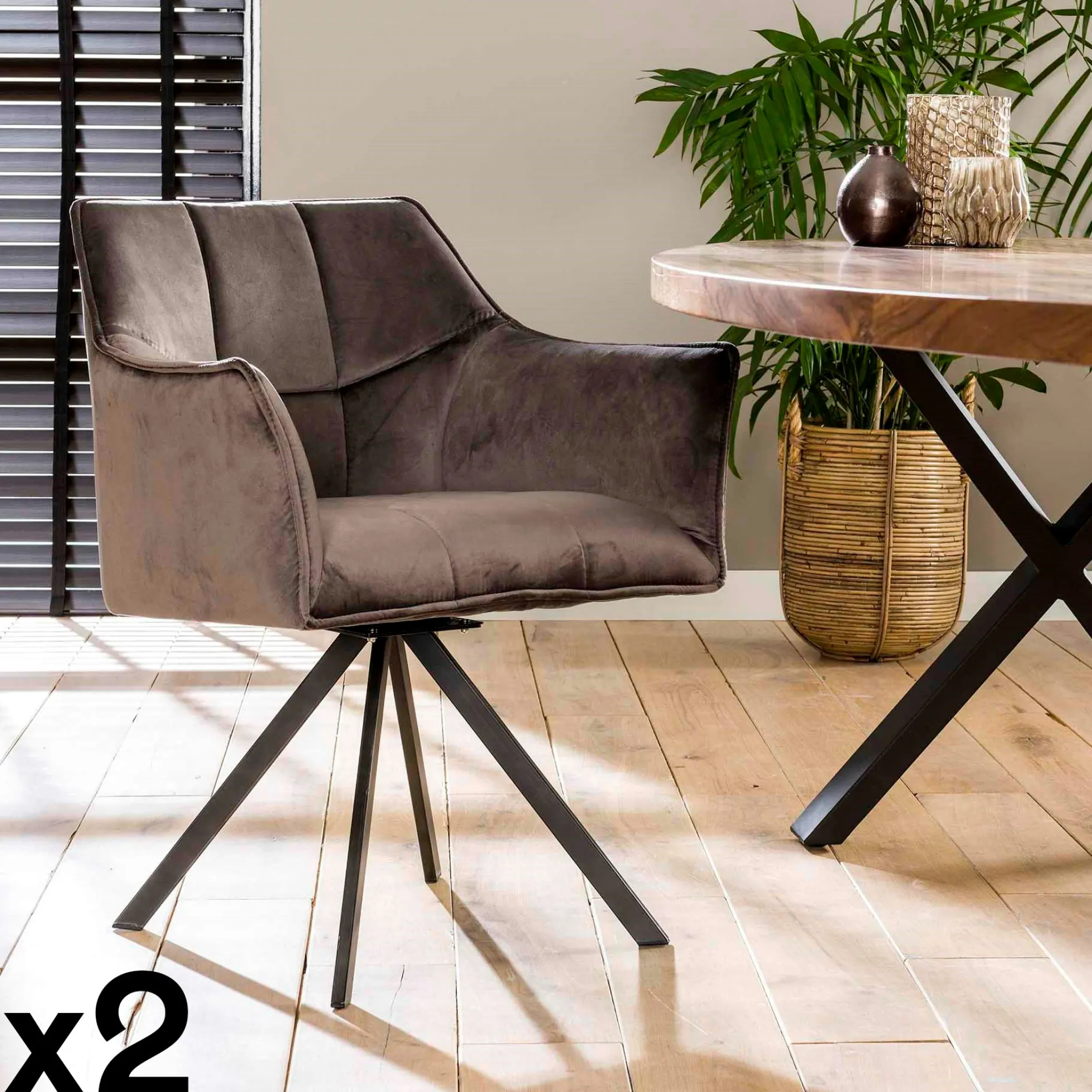 Fauteuil pivotant velours gris pied étoile MELBOURNE (lot de 2)