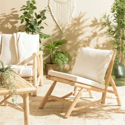 Fauteuil relax teck naturel coussins blancs MANAK