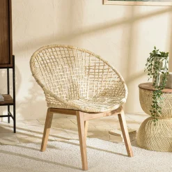 Fauteuil rond beige bois recyclé et chanvre tressé SWING