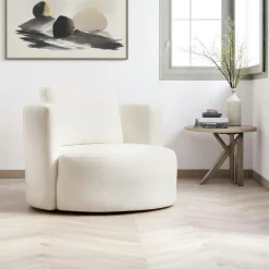 Fauteuil rond blanc crème - tissu bouclette LUCCA