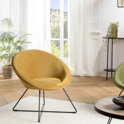 Fauteuil rond design velours moutarde TIM