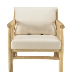 Fauteuil rondins de teck naturel et coussins blancs MANAK