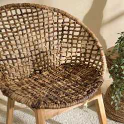 Fauteuil rond marron bois recyclé et chanvre tressé SWING