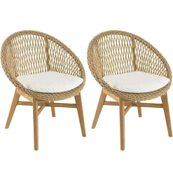 Fauteuil rond tressé beige avec coussin blanc (lot de 2) SUMMER