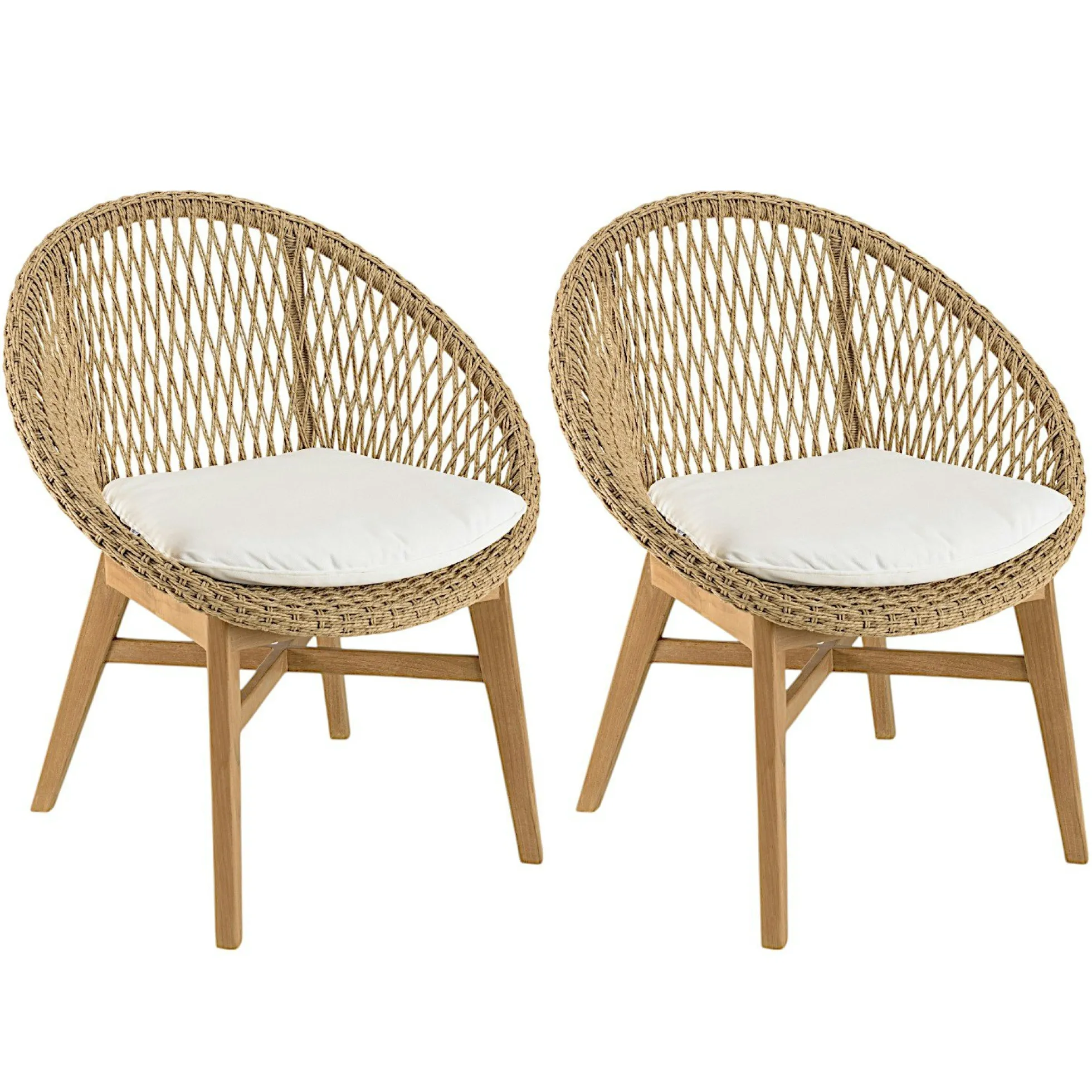 Fauteuil rond tressé beige avec coussin blanc (lot de 2) SUMMER