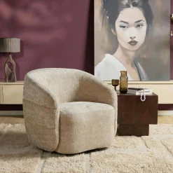 Fauteuil salon pivotant beige tissu chenille BELORA