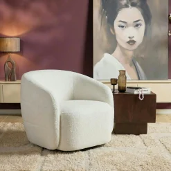 Fauteuil salon pivotant blanc crème tissu chenille BELORA