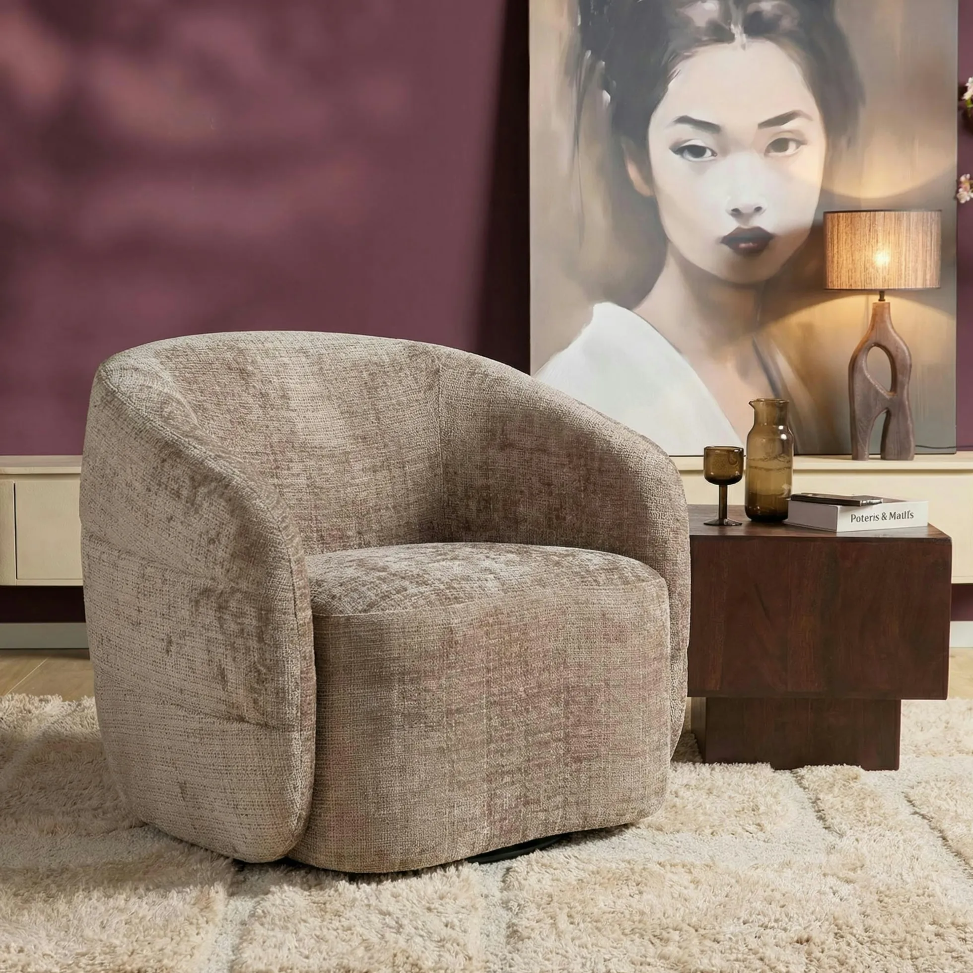 Fauteuil salon pivotant marron tissu chenille BELORA
