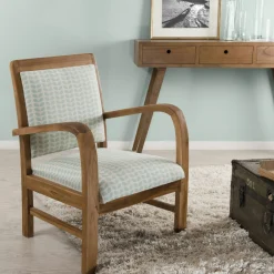 Fauteuil Teck assise tissu coton motifs feuilles rétro années 50. Dim: 61x63x81cm DIKA
