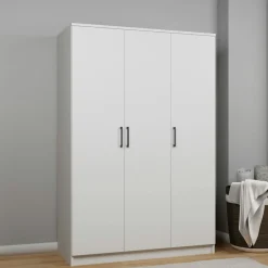 Grande armoire penderie blanche 3 portes 5 étagères BYRON